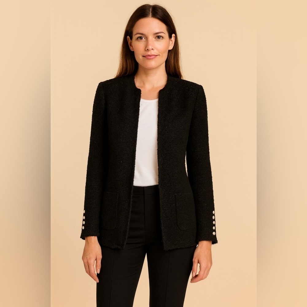 Zara Woman Black Frayed Textured Cardigan with Button Details.    Size-X-Small